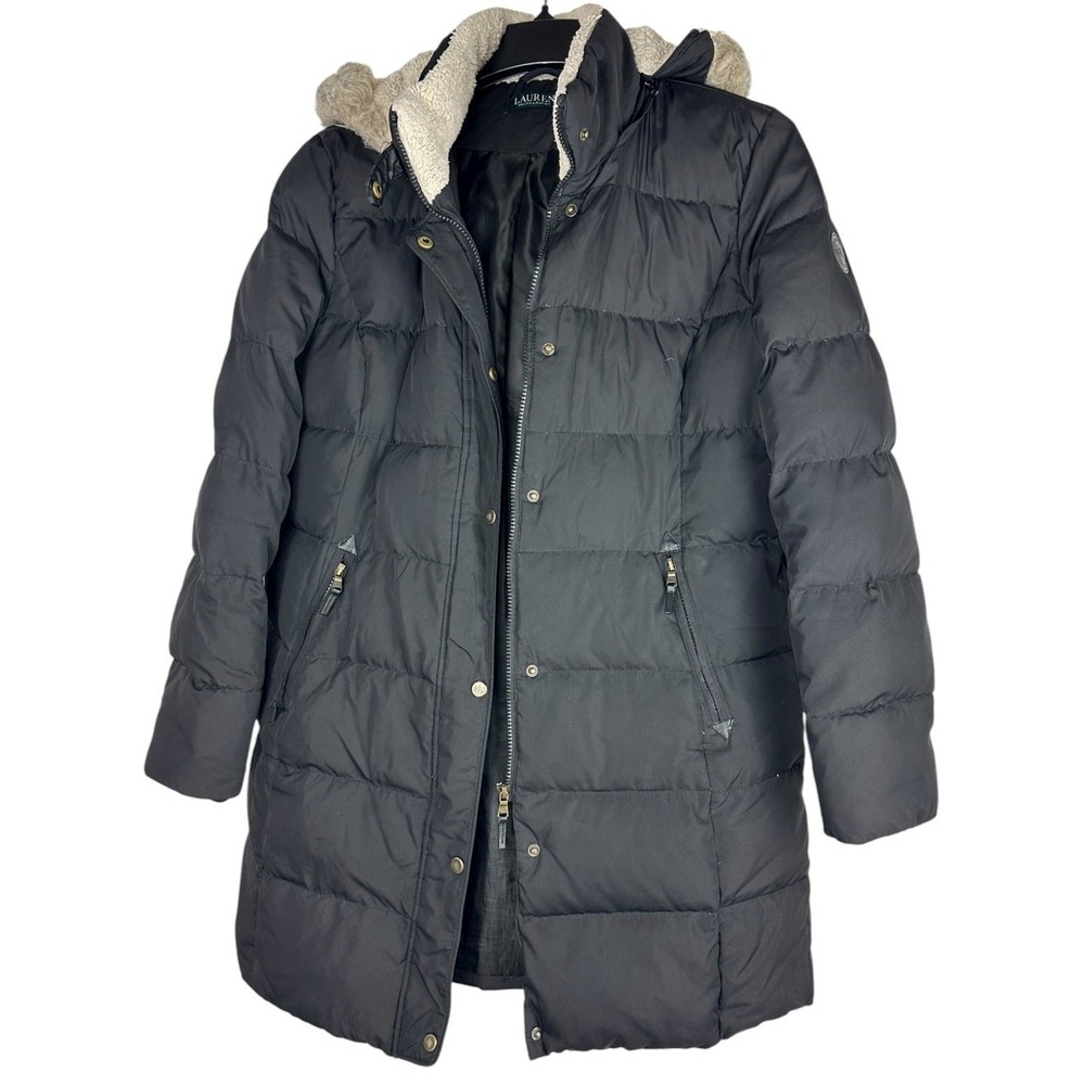 Lauren Ralph Lauren Down Puffer Coat Sherpa Faux Fur Hood Black Women's Size XL - Picture 16 of 16